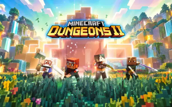 Minecraft Dungeons II 4K Ultra HD PC desktop wallpaper: Minecraft video game heroes wield swords and bows charging across a vibrant blocky meadow toward a glowing fortress.