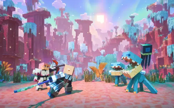4K Ultra HD PC desktop wallpaper/background: Minecraft Dungeons II Minecraft scene with heroes fighting a blocky dinosaur across a colorful voxel landscape under a glowing sky.