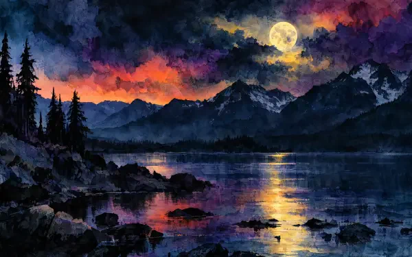 4K Ultra HD PC desktop wallpaper: dark landscape of a moonlit lake reflecting a full moon, rugged mountains and pine silhouettes beneath a dramatic purple-orange sky.