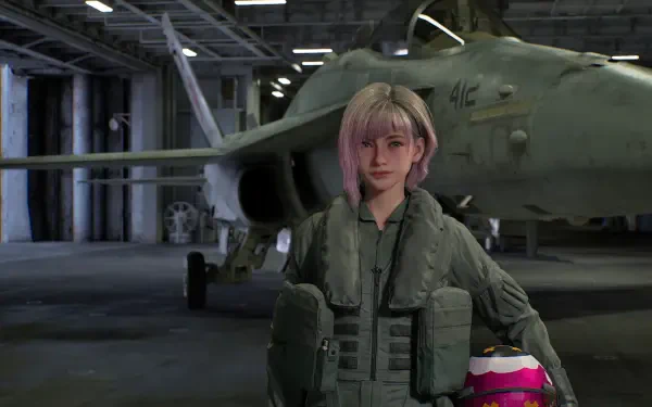 Ace Combat 8 HD PC desktop wallpaper: a woman pilot in a flight suit holding a helmet, standing in a dim hangar in front of a jet fighter.