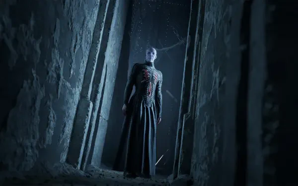 Pinhead stands in a shadowy frozen forest in this Hellraiser: Revival monster wallpaper for HD PC desktops.
