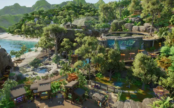 Planet Zoo 2 resort scene: lush jungle surrounding a sparkling lagoon with beach, pools, and tropical resort buildings — HD PC desktop wallpaper and background.