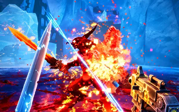 4K Ultra HD PC wallpaper of Warhammer 40k: Boltgun 2 — first-person gunfire in an icy cavern as a creature explodes amid fiery shrapnel and blue energy beams.
