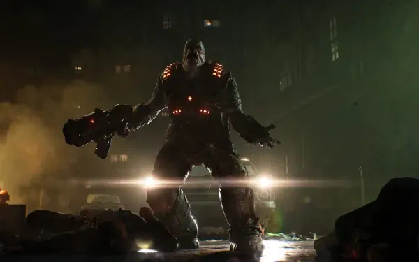 Armored COG soldier from Gears of War: E-Day (Gears of War) raises a heavy weapon through smoke and light flares — 2K Quad HD PC desktop wallpaper/background.