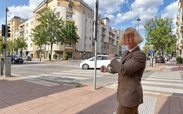 Jean Philanthrope meme — woman in a brown suit points on a sunny urban street; 4K Ultra HD PC desktop wallpaper/background.