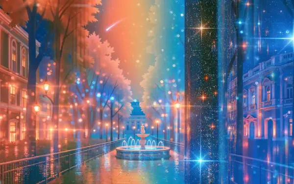 4K Ultra HD PC desktop wallpaper: soft-colored canal at dusk with illuminated buildings and trees, a central fountain under a glowing rainbow sky and twinkling lights.