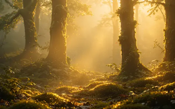 4K Ultra HD PC desktop wallpaper: ambient, sunlit forest with golden rays streaming through moss-covered trees, ferns and a mist-kissed woodland floor.