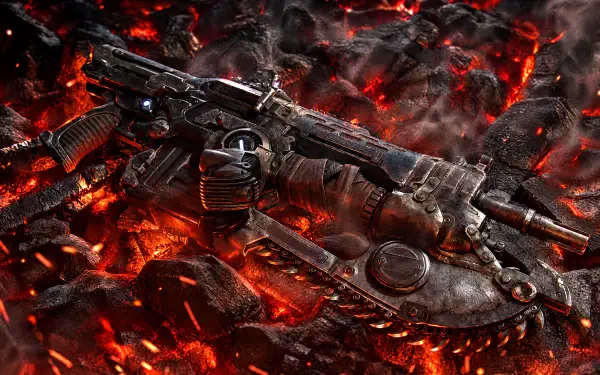 4K Ultra HD PC wallpaper: Gears of War E-Day — a scorched rifle with chainsaw bayonet rests amid glowing molten ruins.