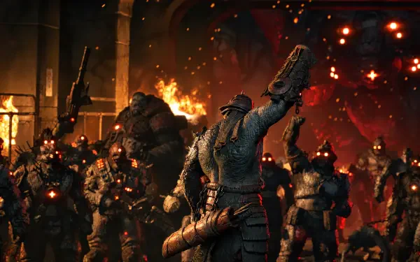 Gears of War: E-Day — a locust warrior hoists a chainsaw blade amid flames and chaos as an armored horde marches through battle. 4K Ultra HD PC desktop wallpaper and background.