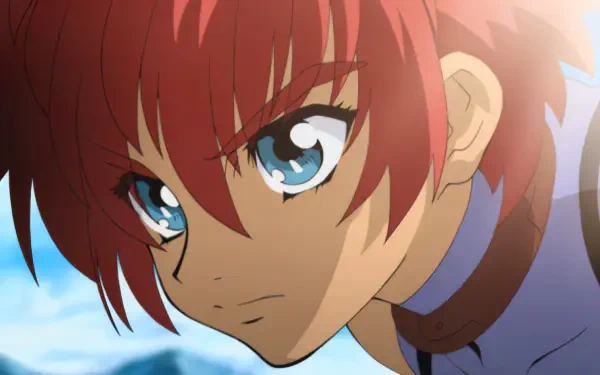 Tales of Eternia close-up anime portrait of a red-haired girl with determined blue eyes, HD PC desktop wallpaper/background.