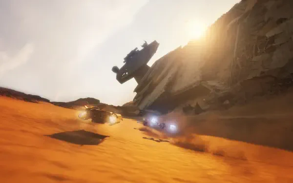Star Wars: Galactic Racer 4K Ultra HD PC desktop wallpaper of offroad dune racing: futuristic cars streak across a sunlit desert canyon, kicking orange sand beneath a jagged rocky ridge.