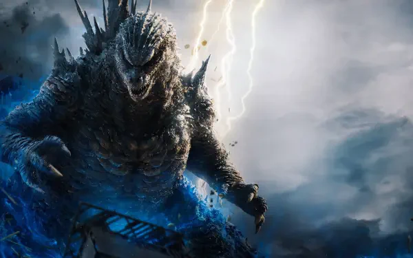 Godzilla Minus Zero towering through storm and lightning, blue energy pulsing over wreckage — 4K Ultra HD PC desktop wallpaper and background.