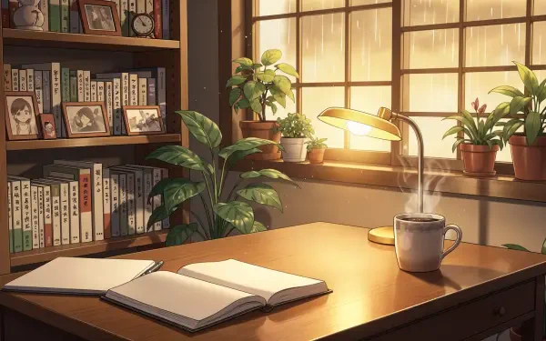 Cozy anime lofi study scene: open notebook, steaming mug, potted plants by rain-speckled window, warm lamp glow — HD PC desktop wallpaper & background.