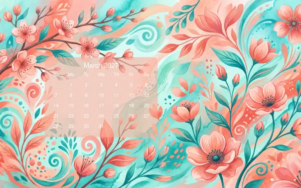 March 2027 calendar with vibrant coral and teal flowers, a 5K Ultra HD PC desktop wallpaper and background.