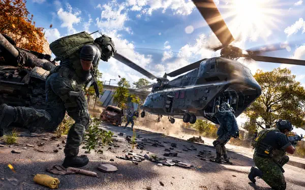 Call of Duty: Modern Warfare 4 soldiers beside a military helicopter in a sunlit combat zone, 4K Ultra HD PC desktop wallpaper and background.