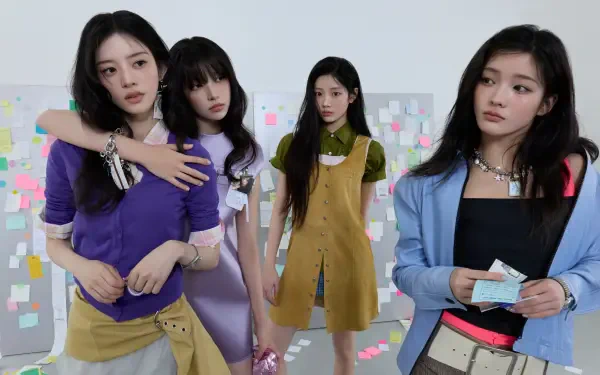 ILLIT girl band members in stylish fashion outfits beside a wall of colorful notes, Break Even 4K Ultra HD PC desktop wallpaper background.