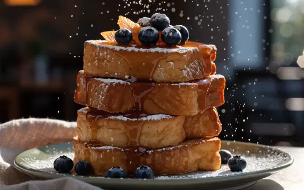 4K Ultra HD desktop wallpaper of stacked French toast pancakes topped with fresh blueberries and dripping syrup.