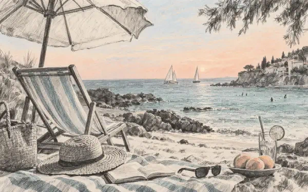 Pastel summer beach scene with a striped chair, beach umbrella, and calm sea, illustrated as a 4K Ultra HD PC desktop wallpaper background.