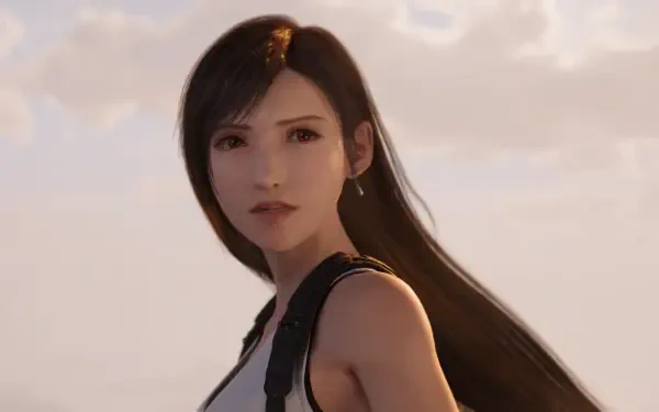 Tifa Lockhart gazes over her shoulder against a warm, clouded sky in this 4K Ultra HD Final Fantasy VII Revelation PC desktop wallpaper.