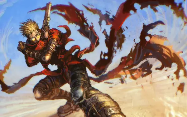 Trigun 4K Ultra HD PC desktop wallpaper featuring Vash the Stampede charging across a desert in his flowing red coat.