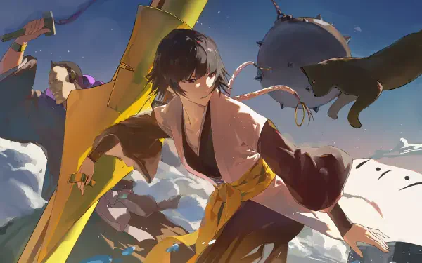 Bleach 8K Ultra HD PC desktop wallpaper and background featuring a dark-haired anime warrior soaring through a vivid sky.