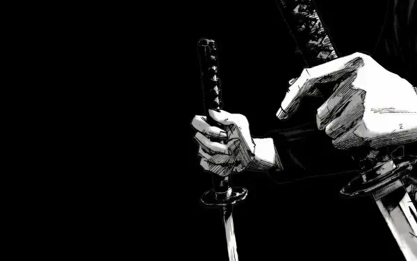 Black-and-white Vagabond manga wallpaper showing a samurai gripping a sword, a cool 2K Quad HD desktop background.