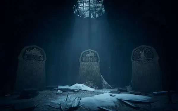 Dragon’s Dogma 2: Dark Arisen 4K PC wallpaper showing tombstones in a shadowy crypt beneath a beam of light.