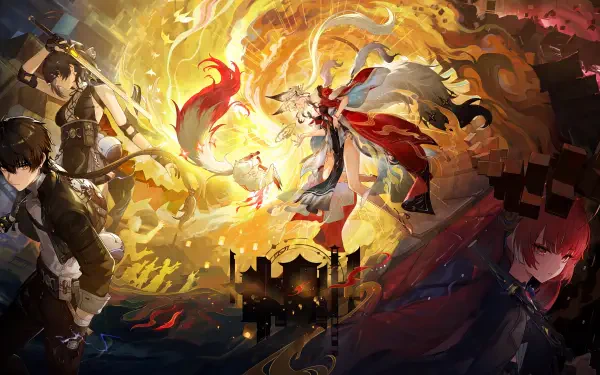 Wuthering Waves anime wallpaper featuring Hsin and Rover amid a dramatic golden battle, 5K Ultra HD PC desktop background.