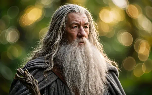 Gandalf with long silver hair and beard in a forest, 4K Ultra HD PC desktop wallpaper and background.