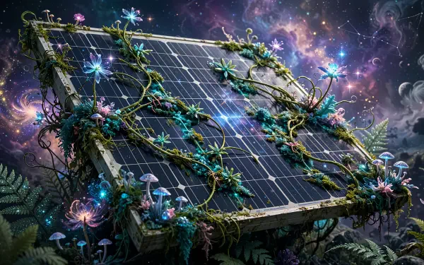 Overgrown solar panels glow beneath a cosmic nebula in this 4K Ultra HD PC desktop wallpaper and background.