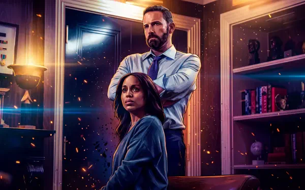 Animals (2026) 5K Ultra HD wallpaper featuring Kerry Washington and Ben Affleck in a dramatic office scene.