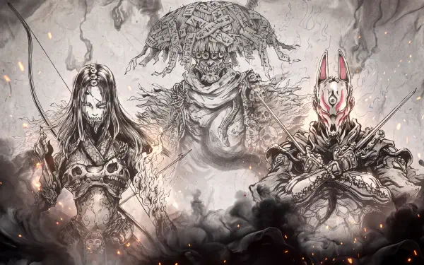 Ghost of Tsushima: Legends warriors and a towering demon in dramatic ink art, featured in a 5K Ultra HD PC desktop wallpaper.
