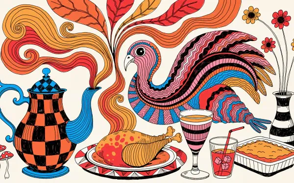Colorful folk-art Thanksgiving turkey with a checkered teapot, roast dinner, pie, and drinks, 4K Ultra HD desktop wallpaper