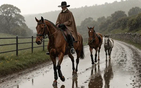 Weekend equestrian scene of a cowboy horseback riding along a muddy country road with a horse and donkey, in 4K Ultra HD desktop wallpaper.