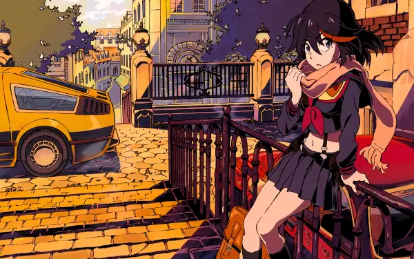 Ryūko Matoi in Senketsu from Kill la Kill on a sunlit city street, 5K Ultra HD PC desktop wallpaper.
