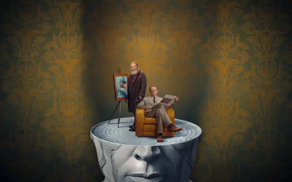 Surreal VisionQuest Marvel wallpaper featuring Vision and Ultron atop a giant sculpted head, in 5K Ultra HD for PC desktop.