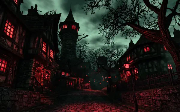 5K Ultra HD PC desktop wallpaper of a PS2core dreamcore haunted medieval village at Halloween, with eerie red-lit windows beneath twisted trees.