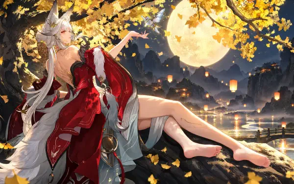 Hsin, an elf anime girl from Wuthering Waves, reclines beneath golden autumn leaves by a moonlit lake in this 4K Ultra HD PC desktop wallpaper.