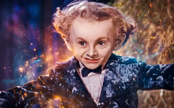 AI Rumpelstiltskin meme portrait of a mischievous child magician surrounded by sparkling magic, in 5K Ultra HD desktop wallpaper.