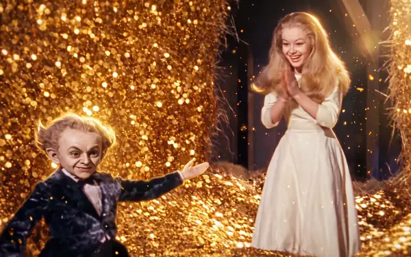 AI-generated Rumpelstiltskin theater meme with a child performer and girl on a glittering stage, 5K Ultra HD desktop wallpaper.