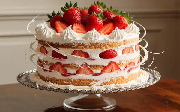 Strawberry layer cake topped with fresh berries and whipped cream, 4K Ultra HD PC desktop wallpaper and background.