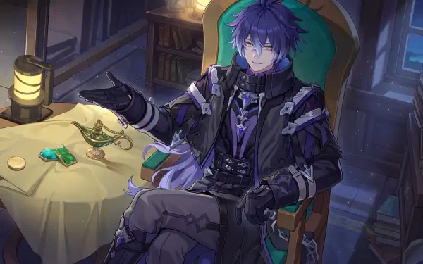 Flins, the purple-haired Genshin Impact anime man, sits at a table in this 5K Ultra HD PC desktop wallpaper.