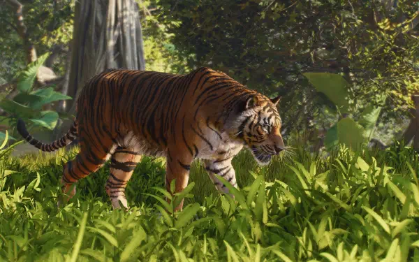 Planet Zoo 2 4K Ultra HD PC wallpaper of a tiger prowling through lush jungle foliage, surrounded by vibrant wildlife.