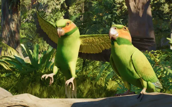 Two green parrots spread their wings in a lush forest, featured in Planet Zoo 2 4K Ultra HD PC desktop wallpaper.