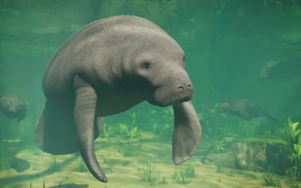 Planet Zoo 2 manatee swimming underwater among aquatic plants, 4K Ultra HD PC desktop wallpaper and background.
