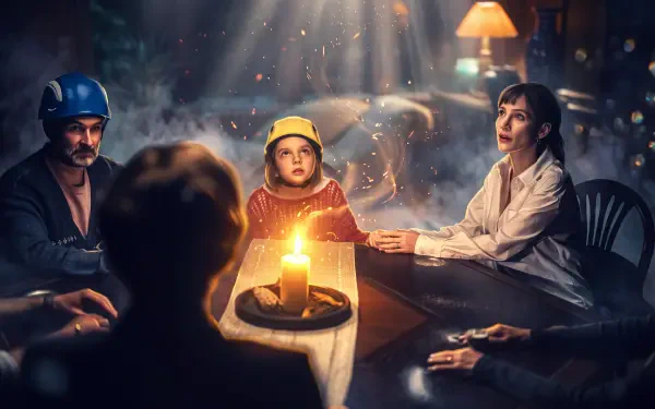 Other Mommy séance scene with people gathered around a glowing candle, 5K Ultra HD PC desktop wallpaper and background.