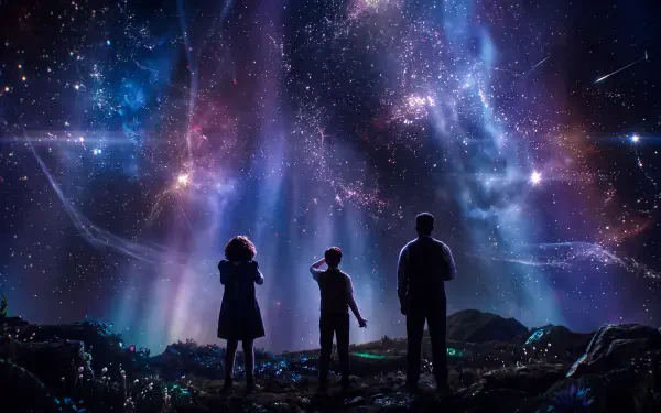 5K Ultra HD Narnia: The Magician’s Nephew desktop wallpaper, with three silhouettes beneath a glowing galaxy in the night sky.
