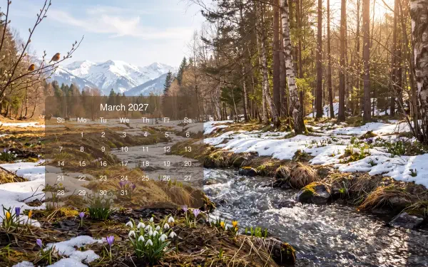 5K Ultra HD desktop wallpaper featuring a March 2027 calendar over a snowy forest river landscape.