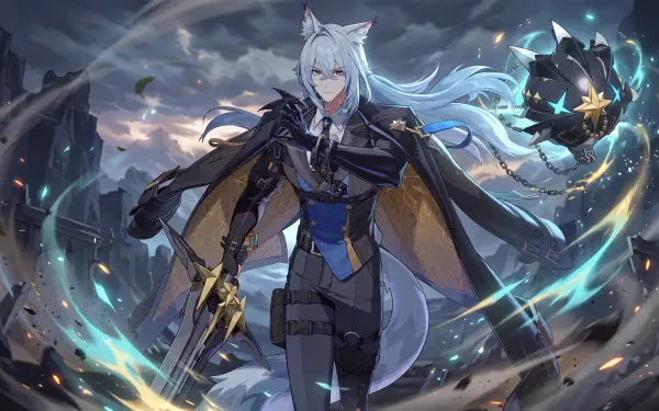 Severian from Zenless Zone Zero, an anime girl with long silver hair amid swirling blue energy, featured in a 5K Ultra HD PC desktop wallpaper and background.