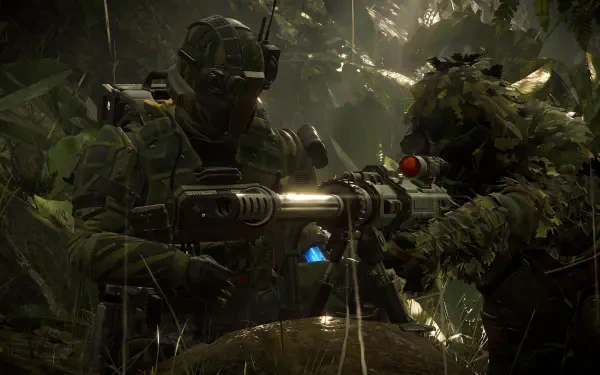 Helldivers 2 soldiers in military camouflage aiming rifles through a dense jungle, 5K Ultra HD PC desktop wallpaper and background.